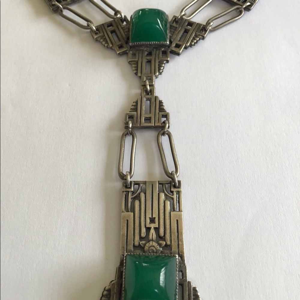 Antique Art Deco Sterling Chrysoprase Necklace - Picture 5 of 11
